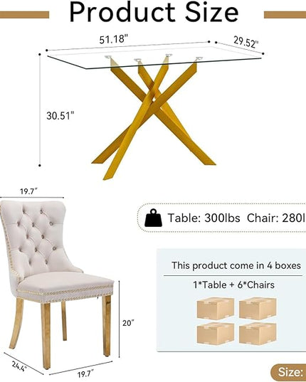 HomVent Rectangular Glass Dining Table Set for 6, Modern Tempered Glass Kitchen Table Set and Chairs, Rectangular Glass Dining Room Table Set for Kitchen
