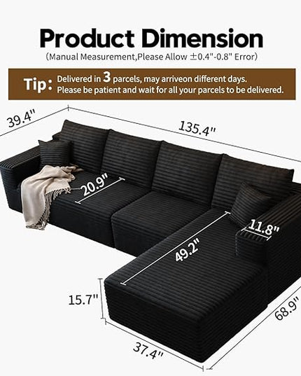 135.4" Cloud Modular Sectional Sofa Couch with L-Shape Chaise,Modern Minimalist Upholstered Couches for Living Room Bedroom,Deep Seat Corner Couch，No Assembly Required (Black,Right Facing Chaise)