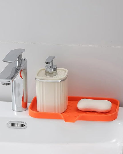 Silicone Bathroom Soap Dishes with Drain Spout-Bathroom and Kitchen Sink Organizer,Sponge Holder,Dish Soap Tray,Perfect for Dispenser,Scrubber,Bottle,Cup on Sink or Counter-Orange 9.6"×5.3"