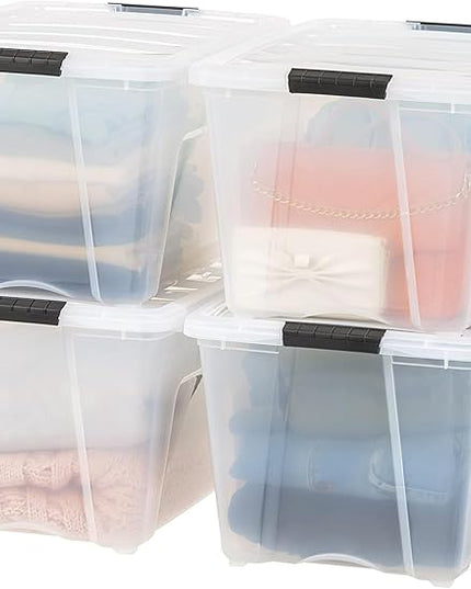IRIS USA 51 L (54 QT) Plastic Storage Box with Lid and Latches - 4 Pack - BPA-Free, See-Through Organizing Solution, Durable Nestable Stackable Containers, Secure Pull Handle - Clear