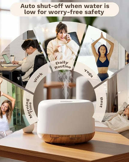 500ml Premium Essential Oil Diffuser,Quiet 4-in-1 Ultrasonic Aromatherapy Humidifier,7 Color LED Lights,with Adjustable Automatic Timer Off Function and Spray Mode. (Light Woodgrain, Basic Edition)