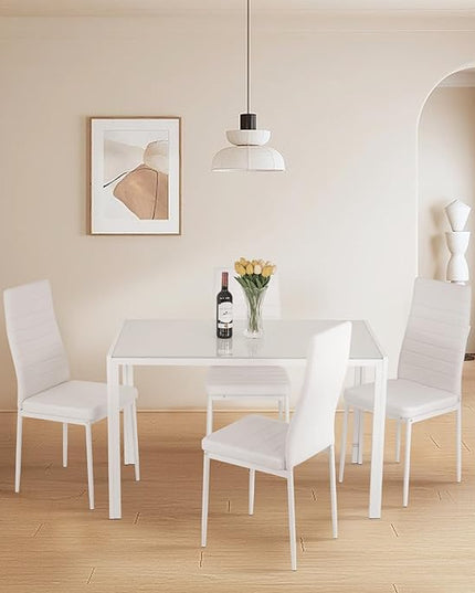 FDW | 5-Piece Dining Table Set | White | Glass Kitchen Table with 4 Upholstered Chairs and Faux Leather Cushions | Space-Saving and Modern Design | for Dining Room, Easy to Assemble