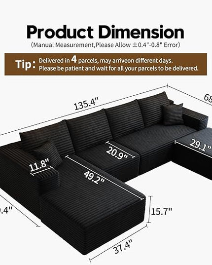 135.4" Cloud Modular Sectional Couch with 1 Ottoman,Modern Minimalist Upholstered Couches, Comfort U Shaped Sofa for Living Room,Deep Seat Corner Couch，No Assembly Required (Black,Left Facing Chaise)
