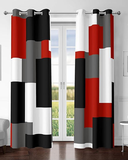 Red Black 100% Blackout Curtains for Bedroom 63 inch Length 2 Panels Set White Grey Modern Abstract Geometric Black Out Curtains Insulated Room Darkening Window Drapes for Living Room, 42Wx63L