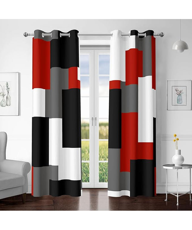 Red Black 100% Blackout Curtains for Bedroom 84 inch Length 2 Panels Set White Grey Modern Abstract Geometric Black Out Curtains Insulated Room Darkening Window Drapes for Living Room, 42Wx84L