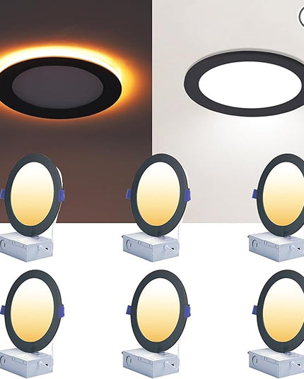 CycevSun 6 Pack Black Recessed Lights 6 Inch with Night Light, Canless Ultra Thin Wafer Downlight Indoor Outdoor Exterior Soffit, Dimmable & 5 Color Selectable, 12W, ETL Listed