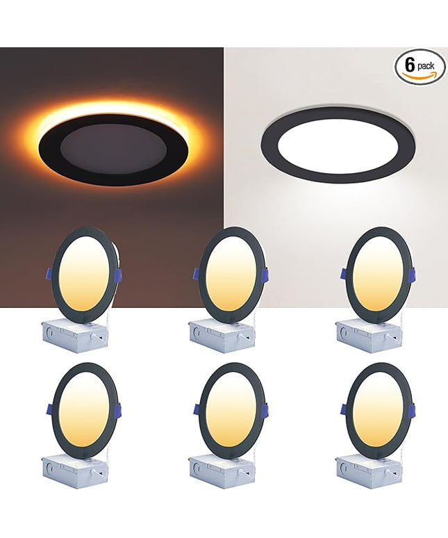CycevSun 6 Pack Black Recessed Lights 6 Inch with Night Light, Canless Ultra Thin Wafer Downlight Indoor Outdoor Exterior Soffit, Dimmable & 5 Color Selectable, 12W, ETL Listed