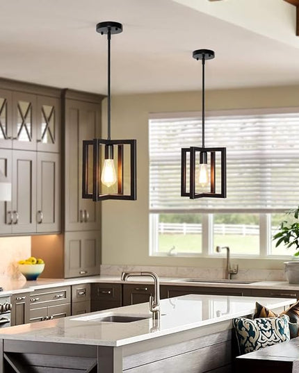 Modern Pendant Lighting for Kitchen Island 1-Light Farmhouse Black Light Fixtures Hanging Adjustable Small Square Chandeliers Ceiling for Dining Room Entryway Hallway