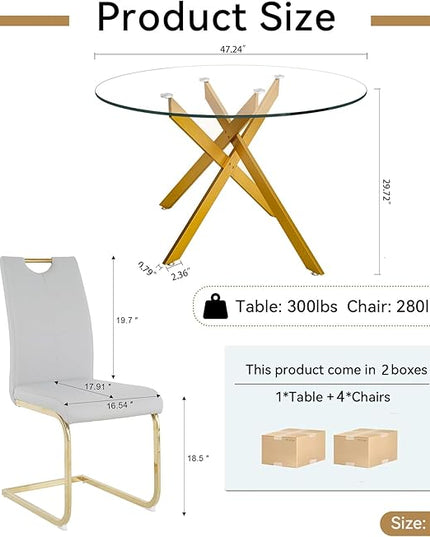 5 Piece Round Dining Table Set for 4, Modern Glass Kitchen Dining Room Table Set for 4, 47" Circle Gold Glass Metal Dining Table with 4 Grey PU Leather Dining Chairs for Kitchen Dining Room