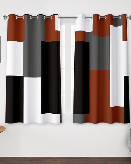 Burnt Orange 100% Blackout Curtains for Bedroom 45 inch Length 2 Panels Set Grey Modern Abstract Geometric Fall Black Out Curtains Insulated Room Darkening Window Drapes for Living Room, 52Wx45L
