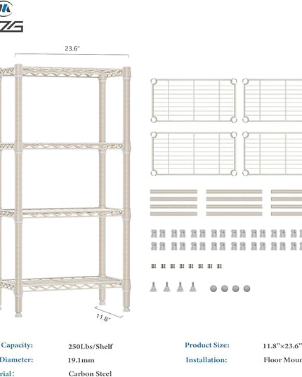 1000 lbs 4-Shelf Standing Storage Shelves Heavy Duty Metal Shelving Unit Adjustable Wire Rack for Office Garage Kitchen, Light Tan 11.8 D x 23.6" W x 47.5" H