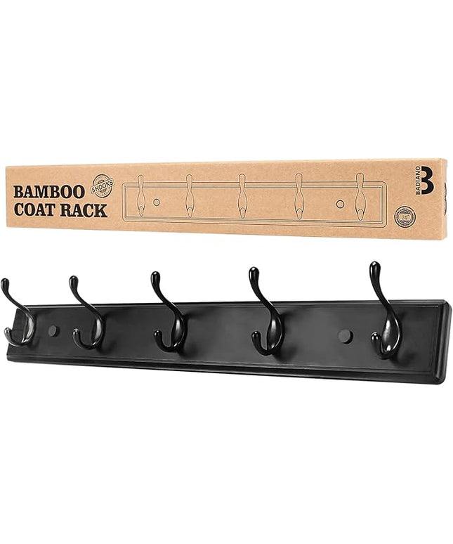 Wooden Coat Rack, Wall-Mounted Organizer for Closet, Entryway, Hallway, Foyer, Bedroom, Heavy Duty Double Hooks for Hanging Towels, Bags, Hats, Jackets, Key (Black, 5 Hooks)