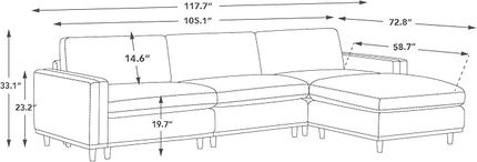 CHITA Super Large Luxury L Shape Convertible Sectional Modular Sofa, Down Filled Modern Sofa with Ottoman, Deep Seat Cloud Couch, 118 inch Width, 4 Seat Couch with Solid Wood Leg, Grey