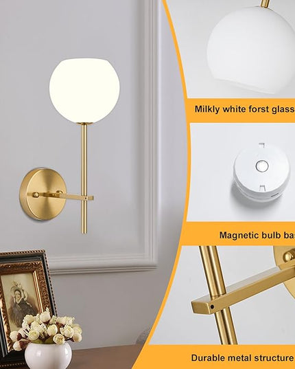 Gold Battery Operated Wall Sconces Set of 2, Rechargeable Wireless Wall Lights with Milky White Frosted Glass Shade, 12 RGB and 3CCT Dimmable, Wall Lamps with Remote for Bedroom Living Room Hallway