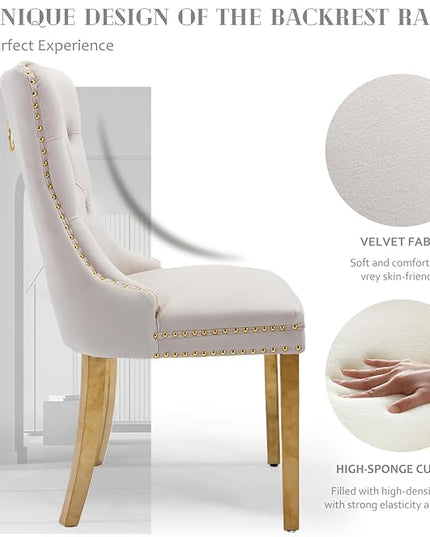 SoarFlash Velvet Dining Chair Set of 4, Upholstered Tufted Dining Room Chair with Nailhead Trim, Solid Gold Plated Leg for Kitchen (Beige)