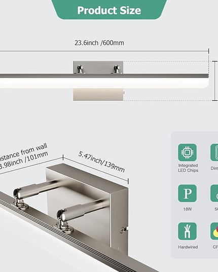 Brushed Nickel Vanity Light 24", 5CCT Dimmable LED Bathroom Light Bar, 18W Wall Mount Fixture with Adjustable Angle & ETL Driver – Modern Lighting for Bathroom, Powder Room, Bedroom