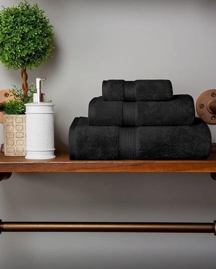 Superior Egyptian Cotton Pile 3 Piece Towel Set, Includes 1 Bath, 1 Hand, 1 Face Towel/Washcloth, Ultra Soft Luxury Towels, Thick Plush Essentials, Guest Bath, Spa, Hotel Bathroom, Black