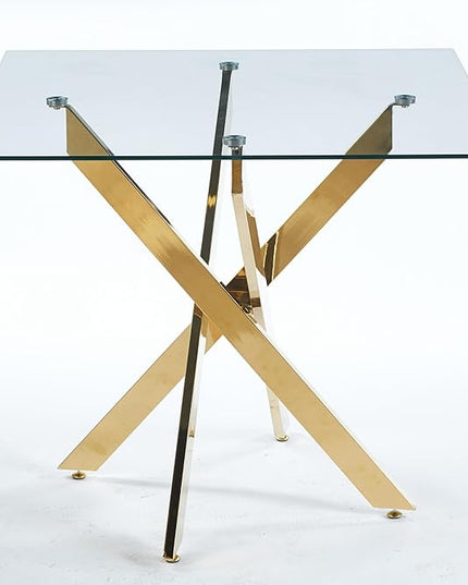 Glass Dining Table Set for 4, Square 36" Dining Table with Gold Cross Metal Leg, 4 Beige Velvet Dining Chairs with Stainless Steel Legs, Modern Glass Kitchen Table and Chairs Set for Small Space