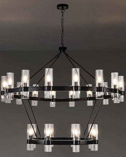 48" Modern High Ceiling Chandelier, 2 Tier Wagon Wheel Chandelier with Glass Shade, 24-Lights Large Round Modern Farmhouse Pendant Lighting Fixture for Dining Room, Living Room,Kitchen, Foyer