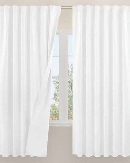 LAMIT White 100% Blackout Linen Curtains, 72 Inches Linen Textured Living Room Farmhouse Curtains Full Room Darkening Back Tab and Rod Pocket Burlap Panels with White Liner, 2 Panels, 52 x 72 Inch