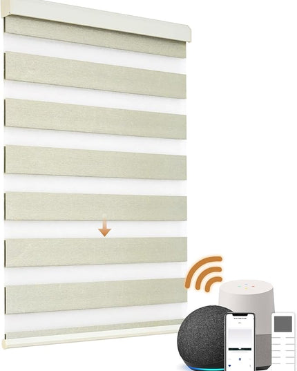 Cordless Motorized Zebra Blinds for Windows Blackout with Remote, Custom Dual Layer Smart Zebra Shades Work with Alexa Google, Automatic Electric Light Filtering Roller Sheer Shades, Beige