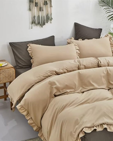 CLOTHKNOW Taupe Ruffles Comforter Set California King 3Pcs Farmhosue Bedding Comforter Sets Soft Khaki Boho Comforter with 2 x Pillow Cases