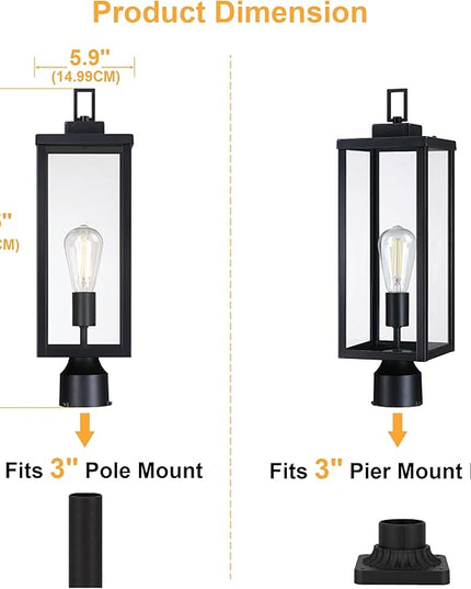 GRUENLICH Outdoor Lamp Post Light Fixtures, Exterior Pole Lantern with Tempered Glass, 20.5 Inch Fence Post Lighting for Garden Yard Pathway, Black, 2 Pack