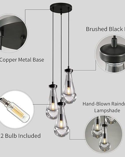 Bronze 3 Light Pendant Lighting, Raindrop Pendant Lights, Black Adjustable Hanging Rope Cluster Pendant Lighting Over Kitchen Island, Teardrop Glass Chandelier Dining Room Light Fixture
