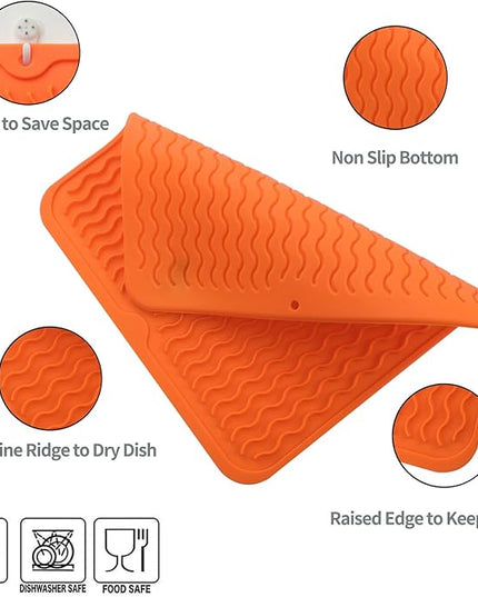Silicone Dish Drying Mat for Multiple Usage,Easy clean,Eco-friendly,Heat-resistant Silicone Mat for Kitchen Counter or Sink,Refrigerator or Drawer liner Orange M 12 inches x 12 inches