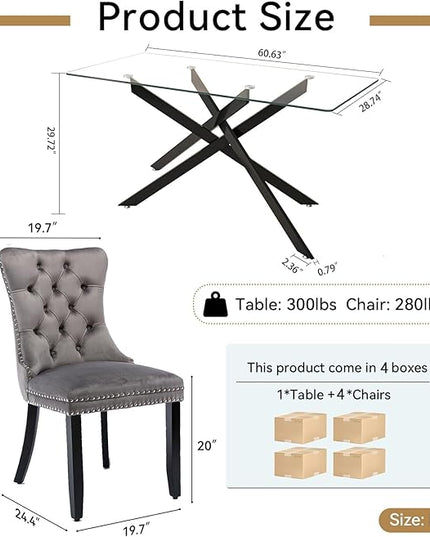 Modern 5-Piece Glass Dining Table Set for 4, Modern 60" Rectangle Black Glass Dining Room Table Set with Grey Velvet Tufted Chairs Wood Legs for Kitchen Dining Room