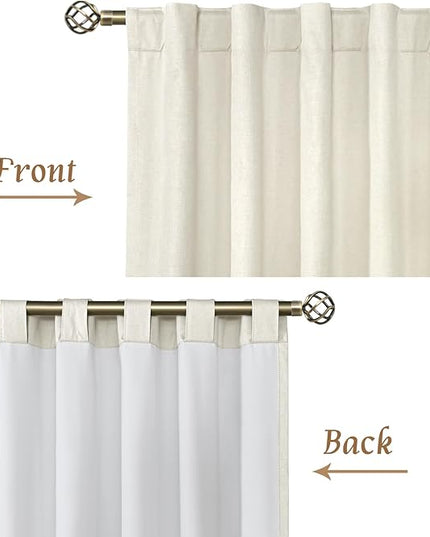 LAMIT 100% Blackout Natural Linen Curtains, 63 Inches Linen Textured Thermal Bedroom Curtains Back Tab and Rod Pocket Neutral Panels with White Liner for Farmhouse, 2 Panels, 52 x 63 Inch, Ivory