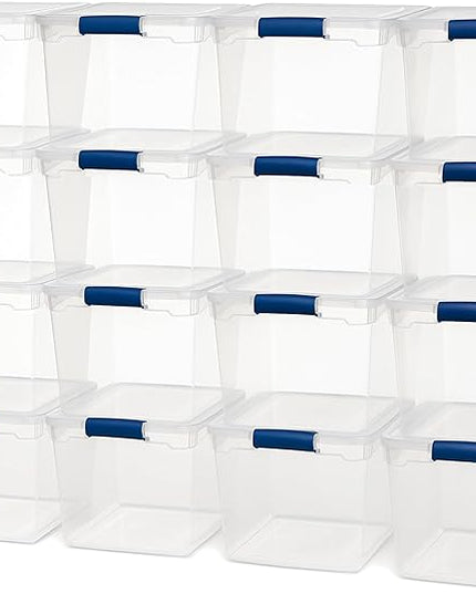 HOMZ Heavy Duty Modular Clear Plastic Stackable Storage Tote Containers with Latching and Locking Lids, 31 Quart Capacity, 16 Pack