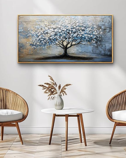 ERQINHUA Wood Framed Abstract Wall Art Office Large Wall Decor Art For Living Room Wall Pictures Blue Grey TreePainting Framed Canvas Artwork Bedroom Dining room Home Decoration Aesthetics 24"X48"