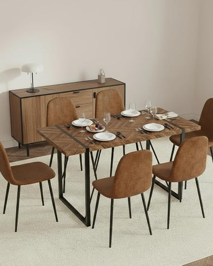 FURNITO 55" Dining Room Table Set for 6, Mid Century Modern Dining Table Set with Upholstered Chairs, Rustic Dark Wood Kitchen Table and Chairs Set for Living Room, Space-Saving & Easy Assembly