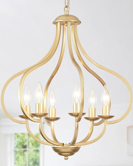 18‘’ Antique Gold Farmhouse Chandelier, 6 Light Dining Room Light Fixtures Modern Industrial Candle Pendant Lights Kitchen Island, Bedroom, Foyer, Living Room, Entryway