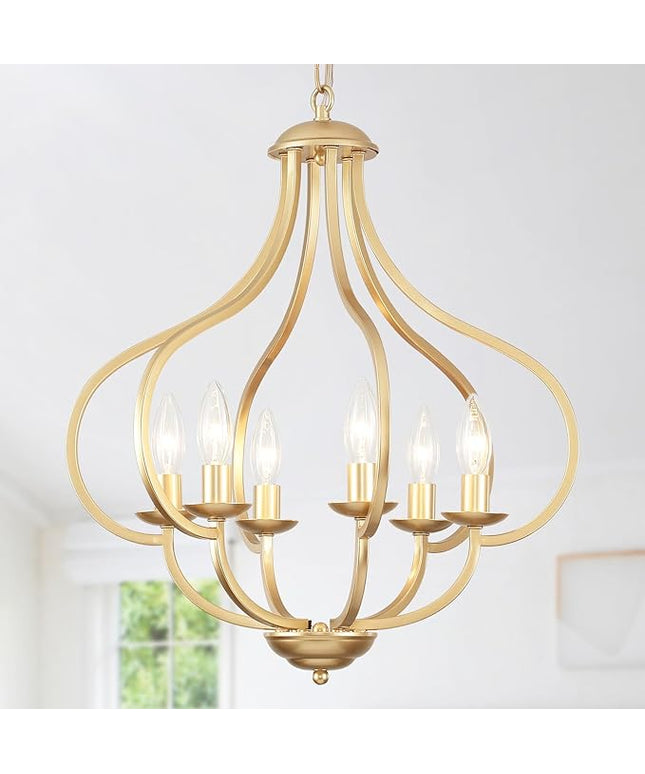 18‘’ Antique Gold Farmhouse Chandelier, 6 Light Dining Room Light Fixtures Modern Industrial Candle Pendant Lights Kitchen Island, Bedroom, Foyer, Living Room, Entryway