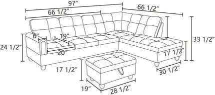 Dark Grey 3 Piece Sectional Sofa Set L Shaped Flannel Couch with Storage Ottoman Modern Upholstered Sofa for Living Room Office