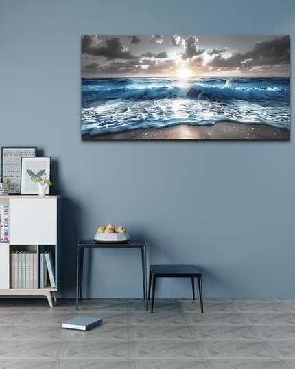 hyidecorart Canvas Wall Decor For Office Large Wall Art For Living Room Blue Beach Painting Sea Waves Sunshine Wall Pictures Bedroom Home Decorations Prints Posters Mural Artwork Ready To Hang