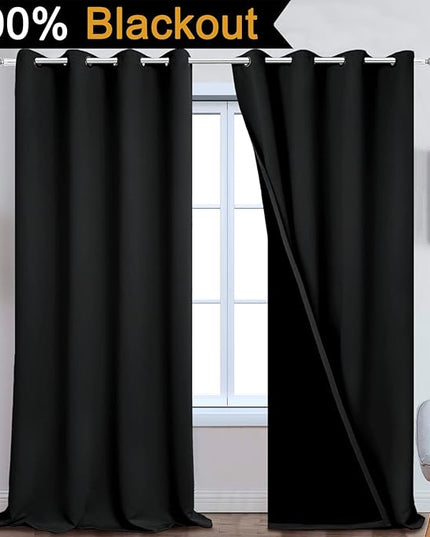 Yakamok 100% Blackout Lined Panels, Room Darkening Thermal Insulated Blackout Curtains for Bedroom, Heat Blocking Drapes for Living Room(52Wx108L, Black, 2 Panels)