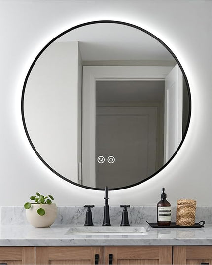 36" Black Framed Round LED Backlit Mirror for Bathroom, Smart Circle Mirror with 3 Colors, Dimmable Lighted Mirror with Anti-Fog, IP65 Waterproof, CRI 93+, UL-Listed