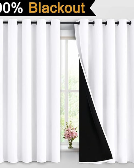 Yakamok 2 Thick Layers Pure White 100% Completely Blackout Curtains Thermal Insulated Room Darkening Drapes for Bedroom(62Wx63L, Pure White, One Pair)
