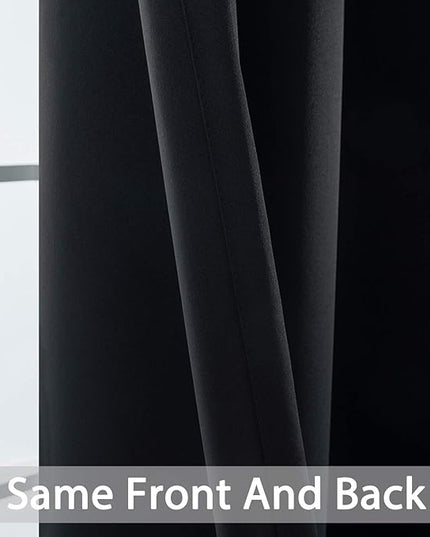 Yakamok Functional Thermal Insulated Eyelet Top Room Darkening Curtain Panels, Energy Efficient Kitchen Grommet Top Curtains for Short Window/Basement (52W by 36L, Black, 2 Panels)