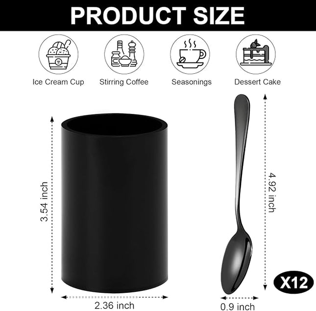 12 PCS Black Coffee Spoons with Holder 4.92 Inch Mini Coffee Spoons Small Espresso Coffee SpoonsBlack Dessert Spoons Stainless Steel Tea Spoons Set of 12 for Tea Party Coffee Bar