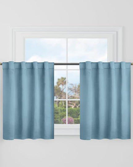 BGment Short Blackout Curtains 30 Inch Length for Small Windows - 34 x 30 inch Curtains Rod Pocket and Back Tab Thermal Insulated Room Darkening Curtains for Kitchen/Cafe Room, 2 Panels, Greyish Blue