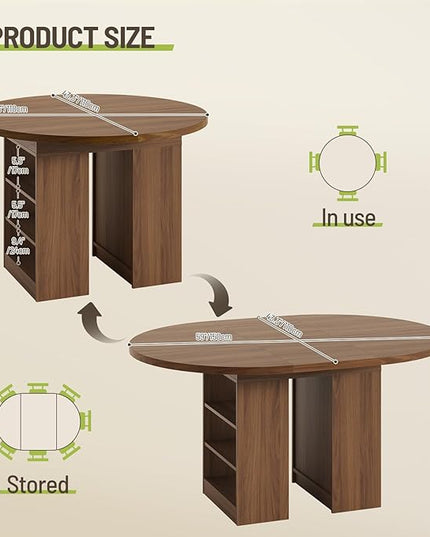 59'' Extendable Dining Table for 4-8, Round Kitchen Room Table with 3-Tier Storage Racks, Adjustable Shelves, Wooden Pedestal Base, for Kitchen, Dinner, Living Room, Office, Walnut