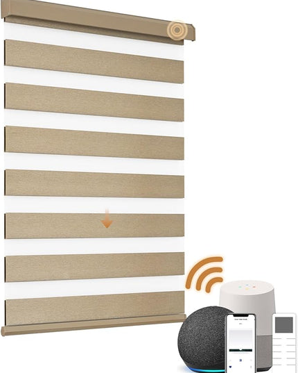 Cordless Motorized Zebra Blinds for Windows Blackout with Remote, Custom Dual Layer Smart Zebra Shades Work with Alexa Google, Automatic Electric Light Filtering Roller Sheer Shades, Coffee