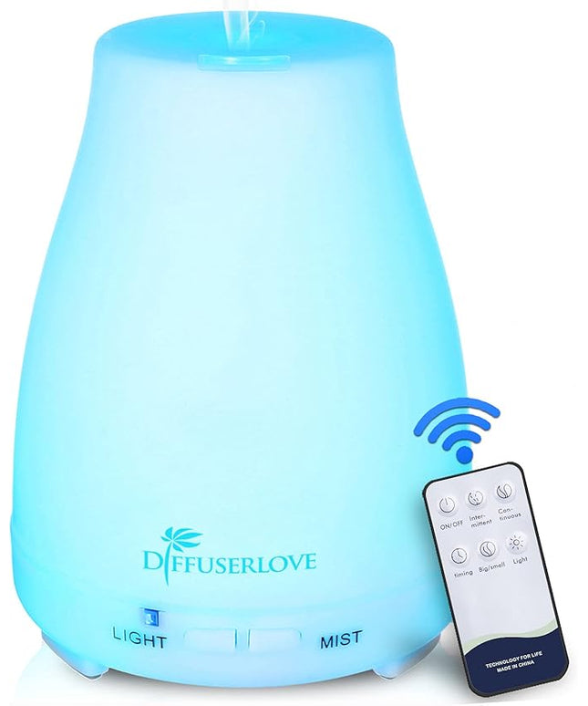 Diffuserlove Essential Oil Diffusers 200ML Remote Control Ultrasonic Mist Humidifiers BPA-Free Aromatherapy Diffuser with 7 Color Lights, Auto Shut-Off for Bedroom Office Kitchen