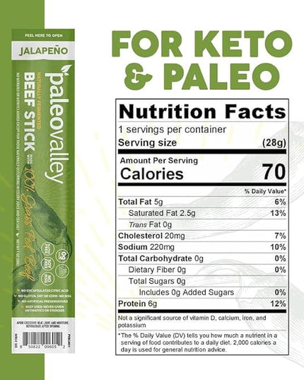 Paleovalley 100% Grass Fed Jalapeno Beef Sticks - Delicious Gluten Free Beef Snack - High Protein Keto Friendly