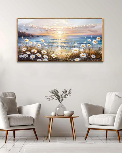 PHAOHUAXM Large Wall Art For Living Room Canvas Wall Decor For Office Bedroom Decorations Blue Ocean Landscape Wall Pictures Artwork Modern Beach Posters Aesthetic Home Decor Wood Framed 24"x48"