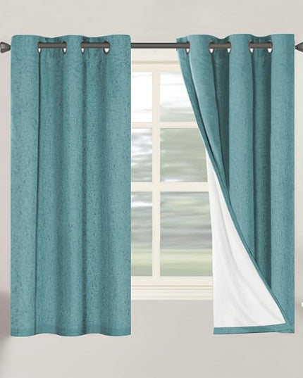 H.VERSAILTEX Primitive Linen Curtains 100% Blackout Curtain Drapes Burlap Fabric Curtains with White Thermal Insulated Liner, Grommet Top Drapes Living Room/Bedroom (2 Panels, 42 x 63 Inch, Teal)